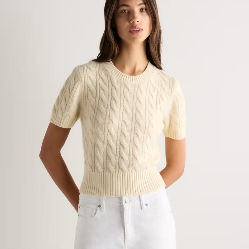 Women's Mongolian Cashmere Cable Tee in Pale Custard Yellow