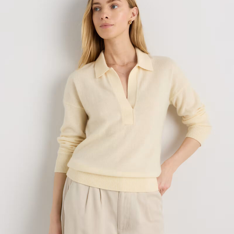 Women's Mongolian Cashmere Polo Sweater in Pale Custard Yellow