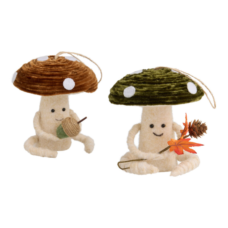 Wool and Velvet Mushroom Friends Hanging Decor Set of 2