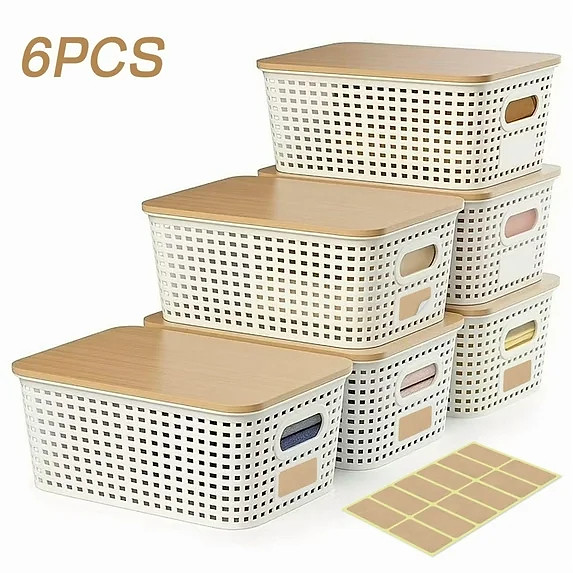 Yij2 6 Pcs Small Storage Bins with Bamboo Lids, Plastic Stackable Storage Basket with Label,Organ...