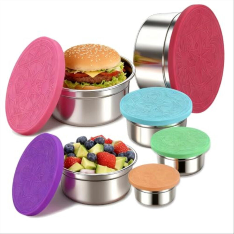 YJSLICT 6 Pack Stainless Steel Lunch Containers with Lids Set, Round Nesting Snack Container (Size 38, 24, 12, 6, 4, 2oz), Metal Salad Containers for Lunch, Picnic, Home, Travel