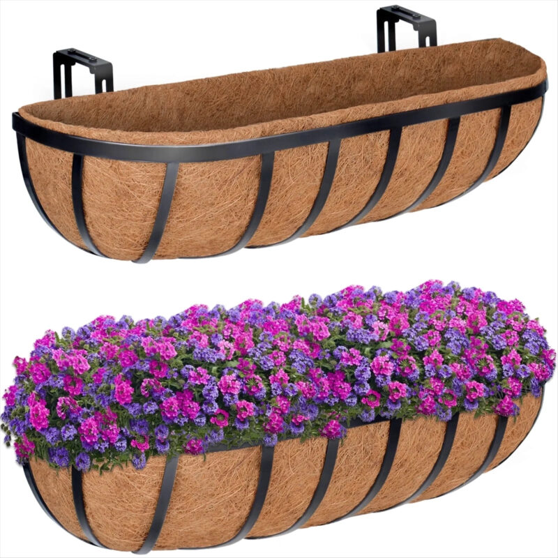 ZeeDix 2Packs 24" Window Box Railing Planter with Coco Liner, Metal Hanging Flower Planter Deck R...